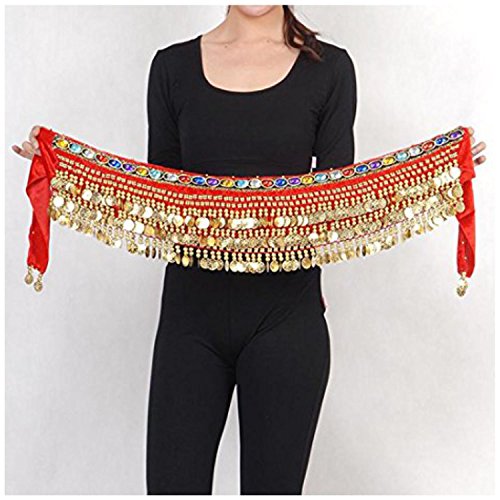Image of VRITRAZ Women's Chiffon Belly Dance Hip Scarf Waistband Belt Skirt Mixed Colors Beads and Golded Coins 56 Black