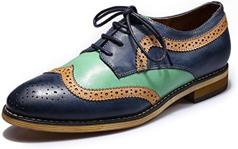 Mona flying Women's Leather Perforated Brogue Wingtip Derby Saddle Oxfords Shoes for Women ladis Girls