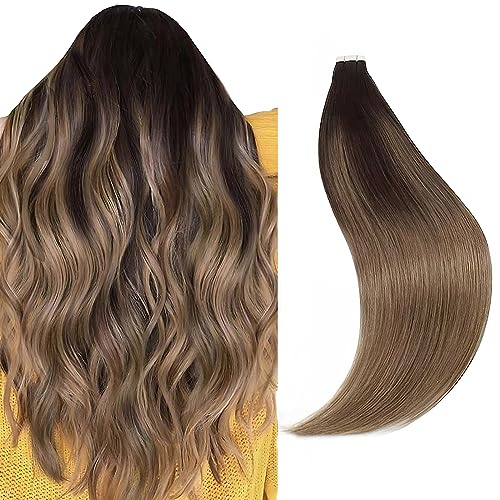 Image of Sixstarhair Invisible Tape In Hair Extensions Real Human Hair Balayage Dark Brown Fading to Chestnut Brown Remy Tape Hair Extensions for Woman 20 Pieces 50g [Color #B2-6 18 inch]