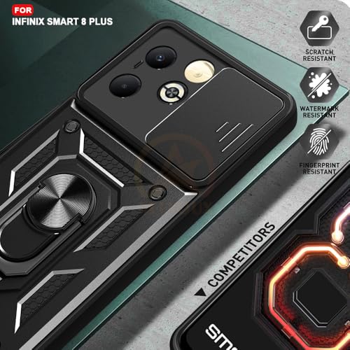 Image of Armor Bumper Back Cover Case for Infinix Smart 8 Plus Rotating Camera Cover, Ring Holder & Kickstand | Heavy Duty & 360 Degree Protection Infinix Smart 8 Plus Back Cover (Black)