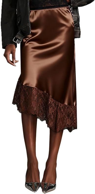 Women Silk Satin Half Slip Long Skirts Lace Trim Asymmetrical Maxi Skirt Elegant Silky Flowy A Line Midi Skirts