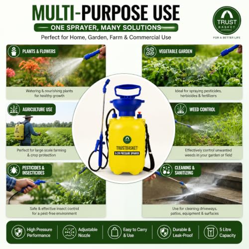 Image of TrustBasket Premium Pressure Sprayer 5 Litre | Pressure Spray Bottle for Plants | Gardening Water Pump Sprayer | Plant Spray Bottle for Garden | Spray Bottles for Gardening
