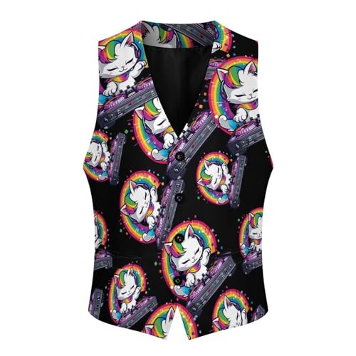 Rainbow DJ Cat Kitty Men's Suit Vests Business Formal Dress V-Neck Waistcoat Tops with 2 Pockets4