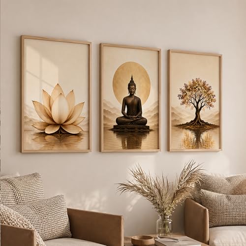 Image of Set of 3 Buddha Wall Art Paintings for Living Room | Lotus Flower & Tree of Life Spiritual Wall Decor | Meditation Zen Wall Paintings for Home, Bedroom, Office & Meditation Room (13x19 Inches)