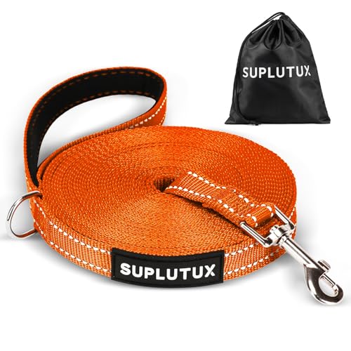 SuplutuX Guinzaglio per Cane con Strisce Riflettenti, Lunghina per Cane 30 Metri con Borsa Portatile, Materiali di Alta Qualità, Ideale per Richiamo e Addestramento all'Obbedienza (Arancione, 30m)
