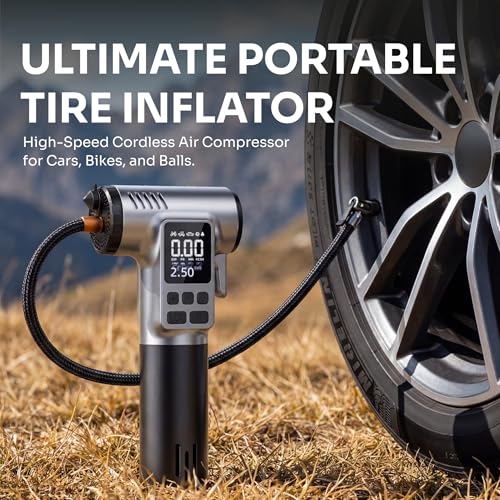 Image of Portable Cordless Car Tyre Inflator 150 PSI | Digital LCD Air Compressor with Auto Shut-Off | Emergency Light, Window Breaker & Seatbelt Cutter | Rechargeable 7.4V | For Car, Bike & Scooter