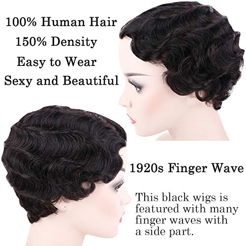 Becus Finger Wave Wigs For Women Brazilian 100% Human Hair Afro Pixie Short Curly Wig With Free Wig Cap Halloween Clearance Wig(Natural Black #1B) #TOP3