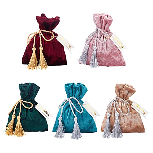 PH PandaHall Sacos de joias de veludo de 5 cores, sacos de presente com borla, calendário do advento, bolsa de armazenamento com cordão, sacos de guloseimas de doces com alfinetes de cartão para
