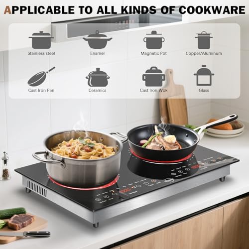 Hobsir 2 Burner Electric Cooktop 110v, 2000W, Electric Stove Top Burner, 24 Inch Countertop and Built-in Hot Plate Stove with Plug, LED Touch, Menu, Safety Lock for Kitchen Apartment RV Camp Stoves