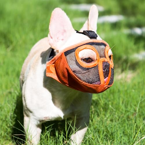 Image of Short Snout Dog Muzzles- Adjustable Breathable Mesh Bulldog Muzzle for Biting Chewing Licking Training Grooming Dog Mask (Orange, Small /9 inch-12 inch)