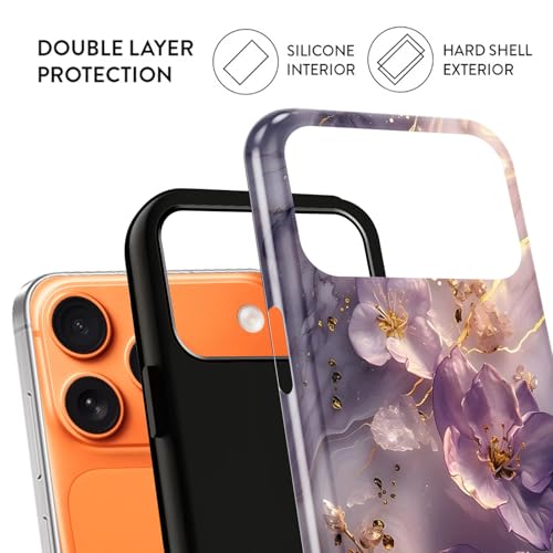 Coque iPhone 17 Pro Max en marbre violet rétro avec lignes dorées élégantes et double protection