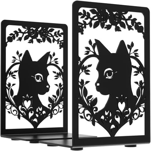 Bookends, Book Ends, Metal Bookends for Shelves, Black Bookends for Heavy Books, 1 Pairs Sturdy Bookend Supports, Cat Decorative Bookends, Bookend Shelf Holders, Book Stoppers for Home Office Kitchen Cover
