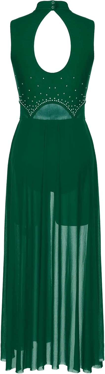 Hularka Women's Long Lyrical Dance Costume Mesh Sleeveless Split Dress Modern Contemporary Dance Dress