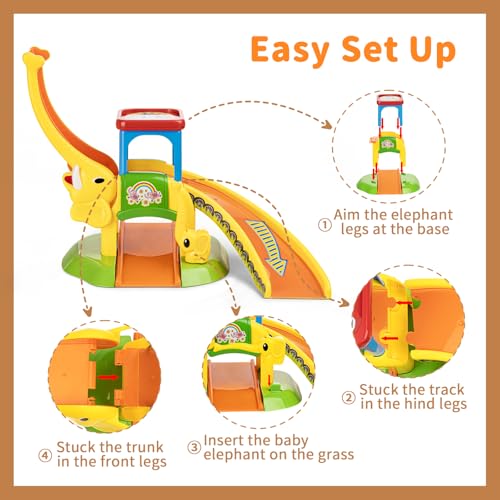 lerrbo Kleinkindspielzeug für 0 1 2 3 Jahre alte Jungen und Mädchen Geburtstagsgeschenke, Elefantenrutsche mit 4 Cartoon Autos Lernen Babyspielzeug 12-18 Monate, Lernspielzeug für 1+ Jahr alt