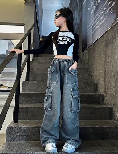 Image of Rolanko Girls Cargo Pants Baggy Y2K Cargo Trousers Jeans Wide Leg Pants with Multi Pockets 4-15 Years