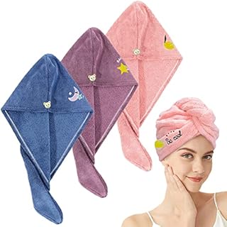 YMIFEEY 3 Pack Microfibre Hair Towel Wrap Super Absorbent Hair Drying Hair Turban with Button Design Bath Salon Travel Hair Towel for Women Girl Wet, Long, Thick Hair (Pink & Purple & Blue)