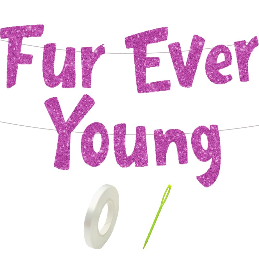 Happy Birthday Banner for Pets, Cat Birthday Decorations, Dog Birthdays Banner, Pet Dog Cat Birthdays Party Banners, HSC Glitter Rose Red DIY Pet Party Banners with "Fur Ever Young" Text, 0.9m Length