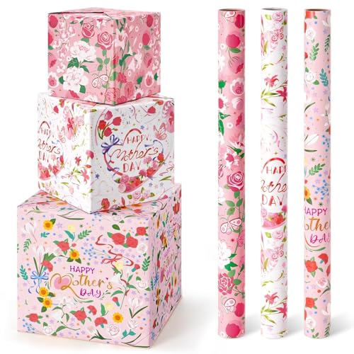 WERNNSAI Muttertag Geschenkpapier 3 Rollen Rosa Blumenmuster
