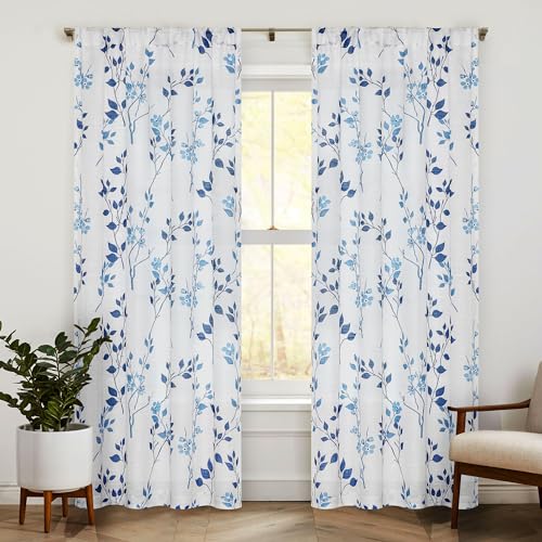 Image of Beauoop Floral Linen Semi Sheer Curtains Living Room Blue Navy 50x84 2 Set