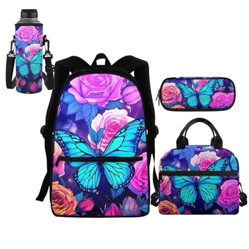 Cartable 4 en 1 avec sac à dos enfant, trousse et sac repas motif papillon pour l'école