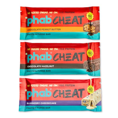 Image of Phab Cheat Assorted Protein Bar Combo Pack - 12 Bars (4 Each of Chocolate Peanut, Chocolate Hazelnut & Blueberry Cheesecake) | 15g Protein, No Added Sugar, Guilt-Free Snack