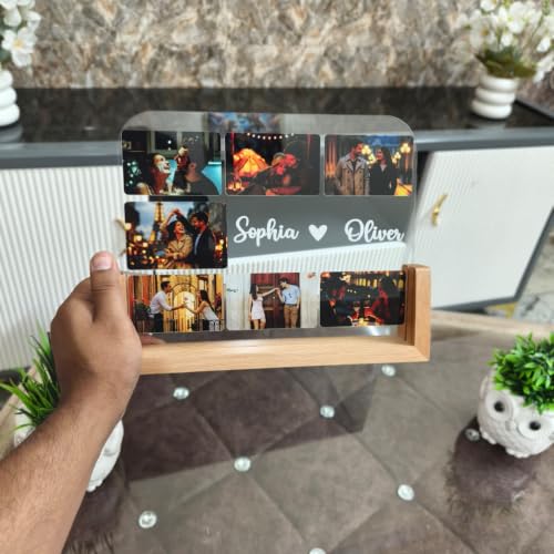 Image of Custom Photo Collage LED Lamp | Personalized Acrylic Night Lamp with Wooden Base | Photo Frame Light with Name | Couple Gift | u Shape (Small (9 * 6.5 inch), u Shape)