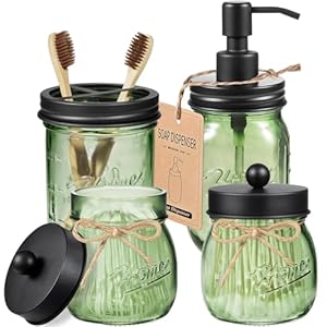 Amolliar 4PCS Bathroom Accessories Set (Lotion Soap Dispenser, Toothbrush Holder, 2 Qtip Holders), Rustic Farmhouse Decor, Green Glass Organizer for Countertop & Vanity, Bathroom Essentials, Black