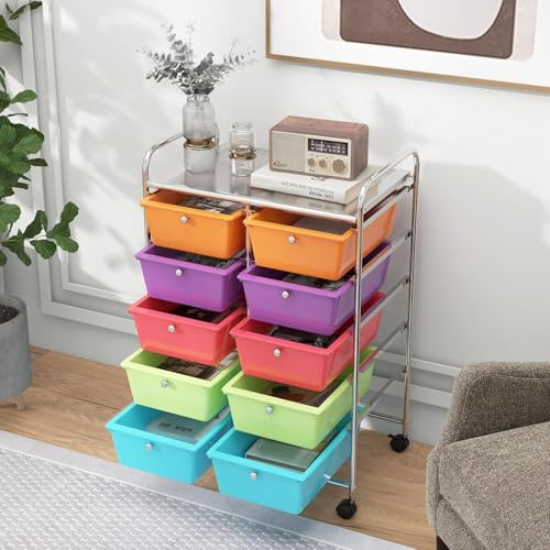 Image of LDAILY 10 Drawer Rolling Cart, Storage Cart Organizer on Wheels, Drawer Cart with Metal Frame & Large Storage Capacity, Rolling Cart with Drawers for Living Room Classroom, Office