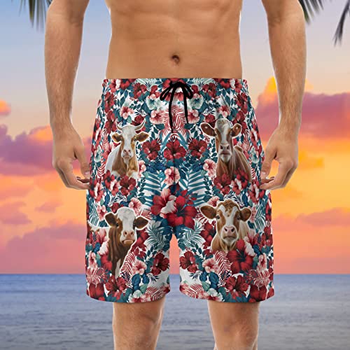 Floral Cow Mens Shorts - Summer Beach Hawaiian Shorts for Men - Drawstring Beach Shorts, Mens Swimming Trunks Set 23