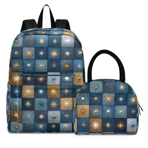 Celestial Checkered Print Backpack Set with Lunch Bag, Large Capacity Travel Backpacks and Lunch Box Insulated for Commute Hiking Picnic
