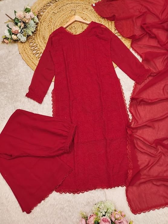 Image of Women Embroidered Straight Kurti with Palazzo And Dupatta Set | Elegant Ethnic Wear Kurta Set | V-Neck Long Sleeve Kurti | Stylish Casual, Festive & Wear for Women