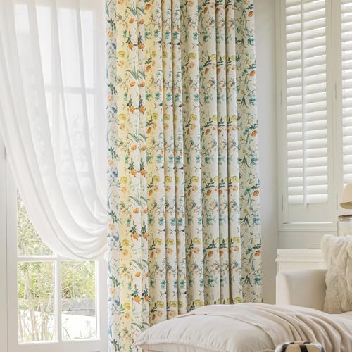 Image of SUOUO Cottage Country Small Floral Chenille Semi Blackout Curtains 84 Inches Green Yellow Tiny Wildflower Botanical Farmhouse Window Drapes for Living Room Dining Bedroom 2 Panels