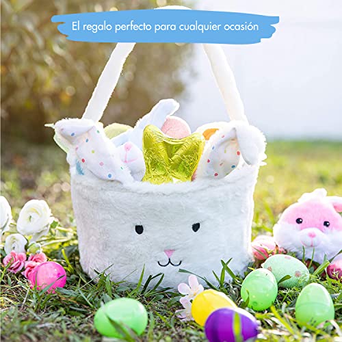 Homarden Plush Bunny Basket - Cute Fluffy Bunny Baskets with Foldable Ears - Rabbit Candy Bucket, Toy Storage, Perfect for Kids, Easter Egg Hunt Play Time