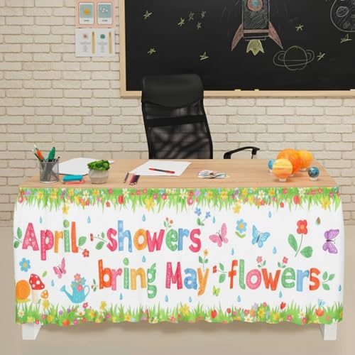 Windkream 29 in x 9 ft April Decorations Classroom - April Showers Bring May Flowers Table Skirt for Teacher Desk Spring Rectangular Tablecloth Desk Skirts for Easter Classroom School Party Supplies