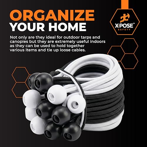 Image of Xpose Safety Bungee Ball Cords 9 inch 10 Pack Heavy Duty Assorted Colors Black and White Stretch Rope with Ball Ties for Canopies, Tarps, Walls, Cable Organization