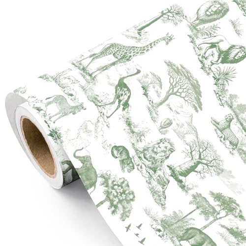WRAPAHOLIC Green Toile Safari Wrapping Paper - Mini Roll - 17 Inch x 16.5 Feet - Green Jungle Animal Baby Shower Wrapping Paper for Kids Birthday, Baby Shower