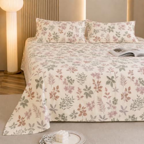 Image of Marrow Lane 300 TC Soft Air Cotton Double Bedsheet | Wild Meadow | Flatsheet with 2 Pillow Covers | Pink & Sage Floral Print (228.6 x 254 cm, Pink & White)