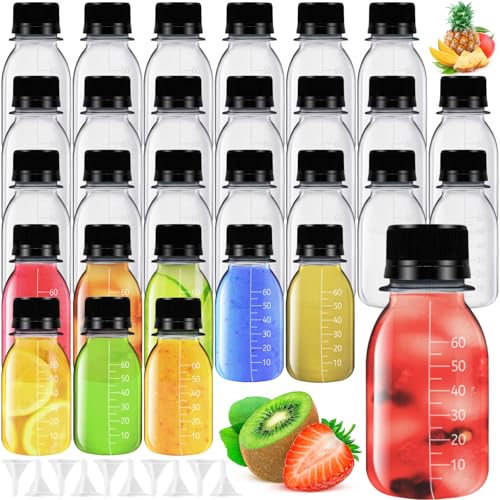 Woozettn 30 Pack 2 oz Plastic Shot Bottles,Ginger Shots Bottles,Plastic Juice Containers Reusable Bulk Beverage Containers with Funnels
