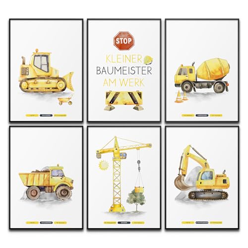 BLCKART Kleiner Baumeister Poster Set &ndash; Baufahrzeuge f&uuml;r Kinderzimmer, Bagger Kran Kipplaster Baustelle (Sensorisch Gelb, 6x DIN A4)
