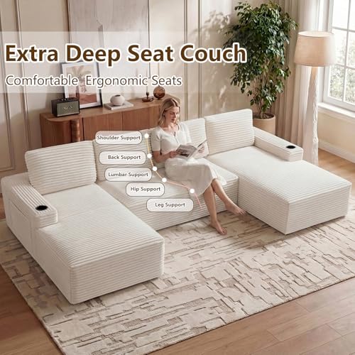 Image of 133 inch U-Shape Cloud Couch, Modern Modular Sectional U-Shape Sofa, Corduroy Boneless Couch Upholstered Couches Deep Seat Sleeper Chaise Longue for Living Room, No Assembly Required,White
