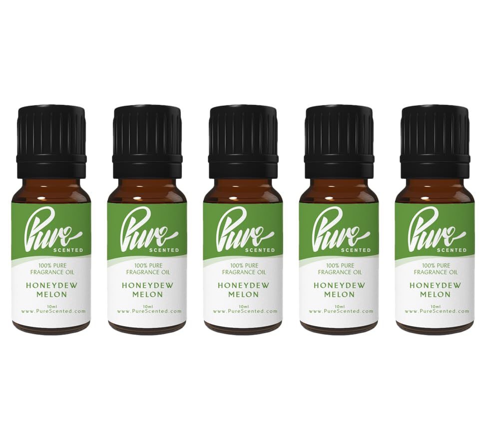 Pure Scented 50ml Fragrance Oils - 5 x 10ml Suitable for Candles, Soaps, Slime, Diffusers, Cosmetics, Wax Melts, Designer (5 x 10ml, Honeydew Melon)