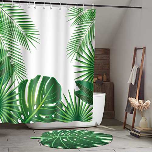 Shower Curtain Set With Rug, 2 Pcs Boho Bathroom Set With Green Leaf Bath Mat Non Slip Waterproof Fabric Tropical Plants Shower Curtain With 12 Hooks Washable Bath Rug Carpet For Boho Home Decor Gift #TOP7