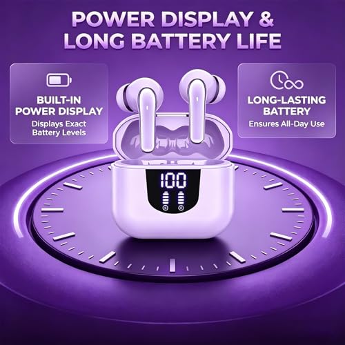 Image of Nyxo K06 Wireless Warbuds Woise Cancellation with LED Power Display, Type-C Fast Charging, 50ms Low Latency, Lightweight BT V5.4, 3D Spatial Audio, 10mm Rich Bass DriversClear Calls (Purple)