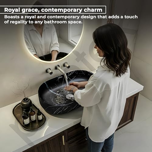 Image of Plantex Ceramic Black Washbasin /Oval Tabletop Hand Wash Basin for Bathroom /Designer Washbasin Sink for Home /Office (22x13.5x6 Inch - Marble Finish)