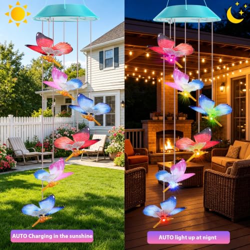 Image of Toodour Solar Wind Chime, Color Changing LED Swaying Butterfly Wind Chimes, Upgrade Butterfly with Fluttering Wings, Waterproof Solar Outdoor Light Decor for Garden Window Patio, Gift for Mom Grandma