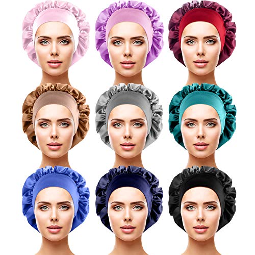 9 Pieces Satin Sleep Cap Elastic Wide Band Night Hat Sleeping Hair Cover Satin Bonnet for Good Sleeping