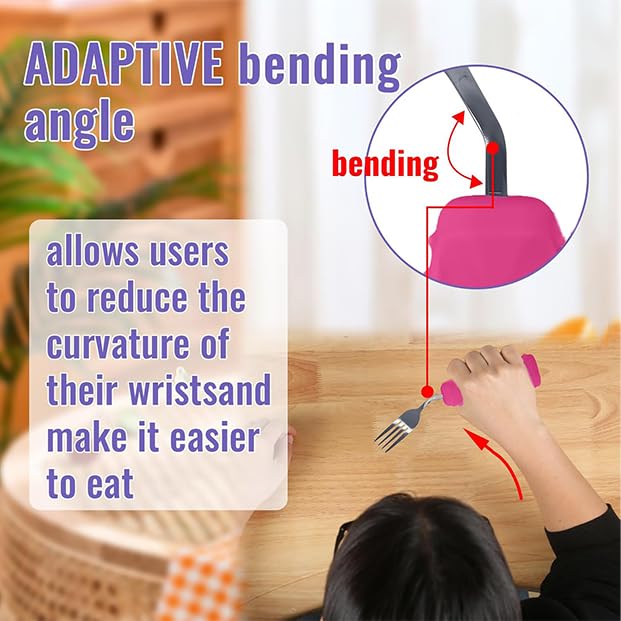 Image of Adaptive Utensils Angled Spoon and Fork for Hand Tremors Parkinsons,Weighted Utensils with Non-Slip Easy Grip Handles for Independent Eating (1pcs Spoon+1pcs Fork=2 pcs,Pink,Right Hand)