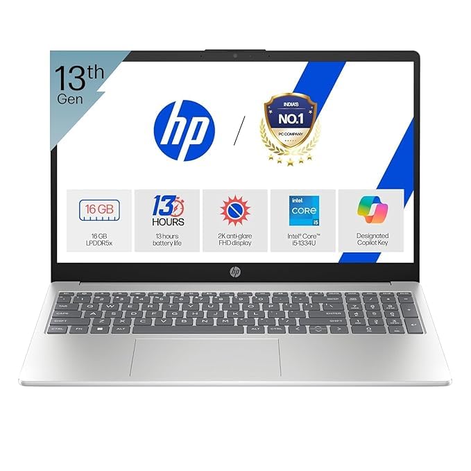 HP OmniBook 5, 13th Gen Intel Core i5 1334U (16GB LPDDR5X,512GB SSD) 2K, WUXGA, IPS, Anti-Glare,300 nits,16''/40.6cm Touchscreen, Win11, M 365, Office24, Silver,1.79kg, FHD IR Camera, ba1789TU