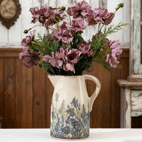 Navy Blue and Green Vintage Ceramic Floral Pitcher Vase, Rusitc F...