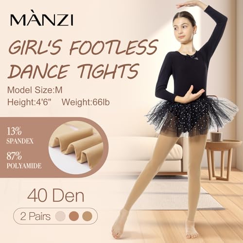 MANZI Footless Tights for Girls 2 Pairs Ultra Soft Semi Opaque Ballet Tights Dance Leggings Kids 4-14t2